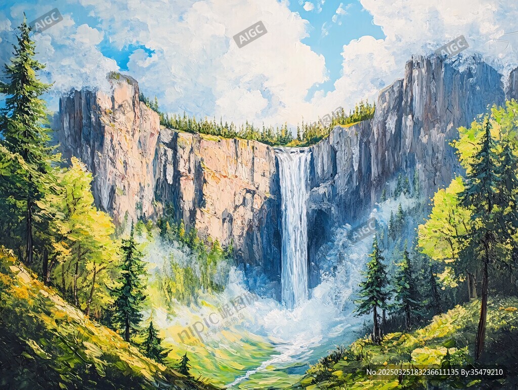 山间壮丽瀑布油画风景