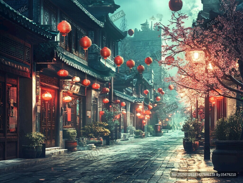 古街夜色灯笼映繁花