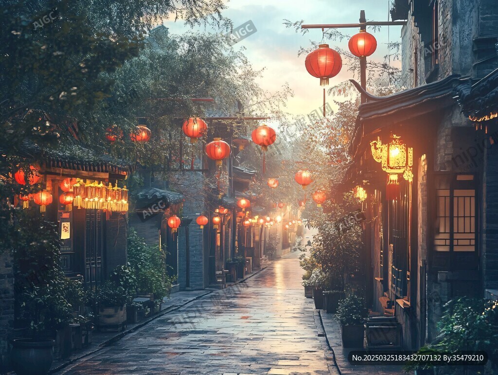 古巷灯笼下的静谧时光