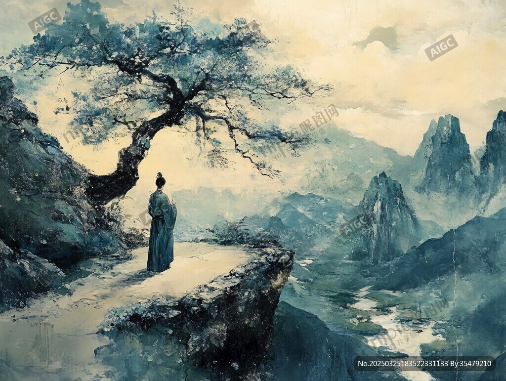 孤影立崖畔赏山川景致