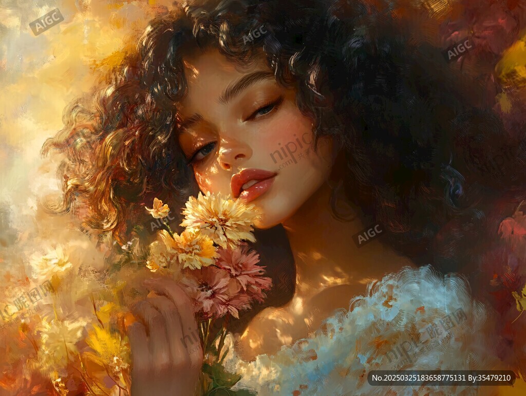 卷发女子闻花梦幻美绘