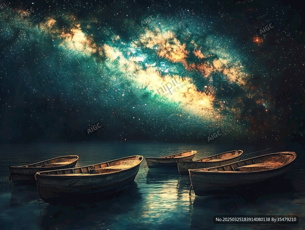 星空下静谧湖面的几叶扁舟