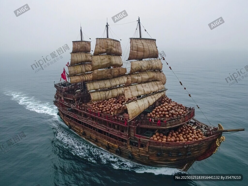 古代帆船在海上航行