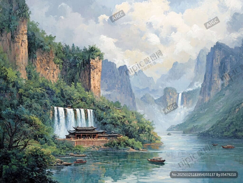 山水间的古韵瀑布胜景