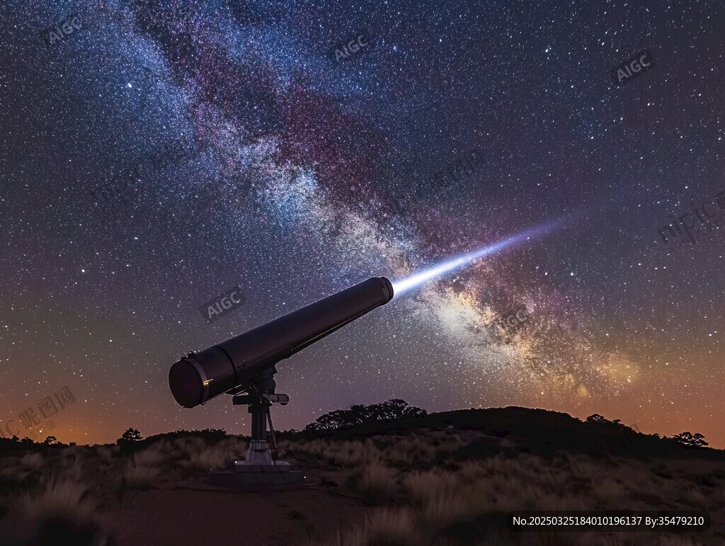 夜空下的天文望远镜与星河