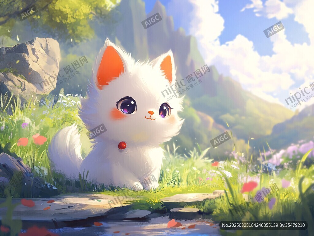 溪边可爱小白猫的梦幻场景