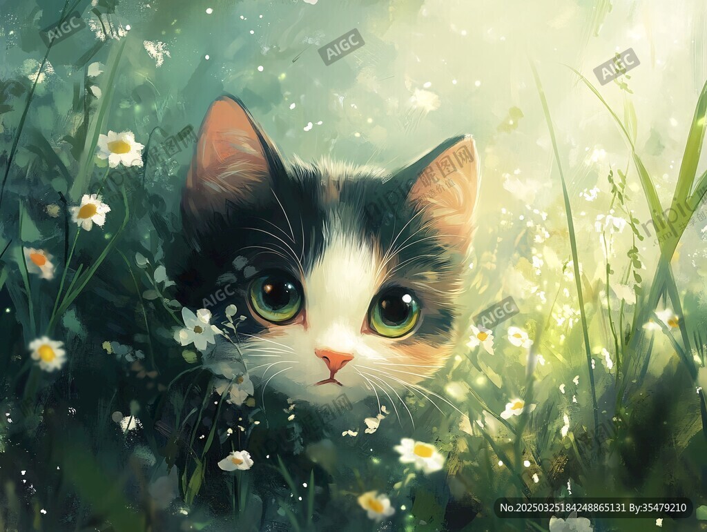 花丛中的可爱三色猫咪