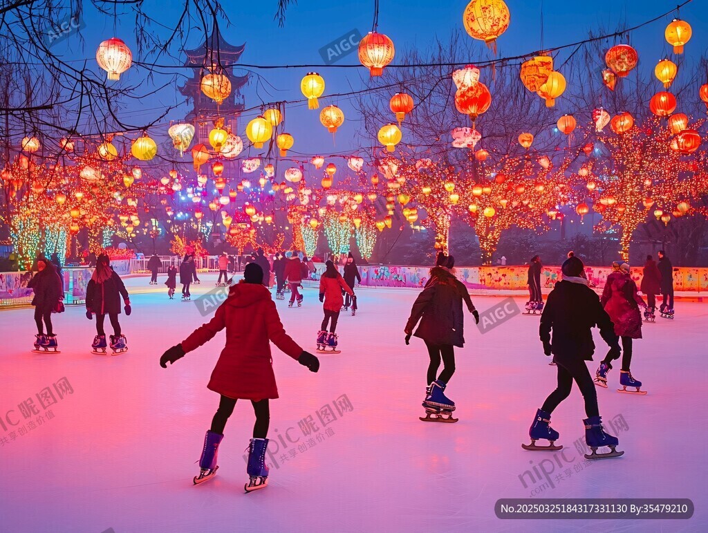 冰场夜灯景 欢乐滑冰人