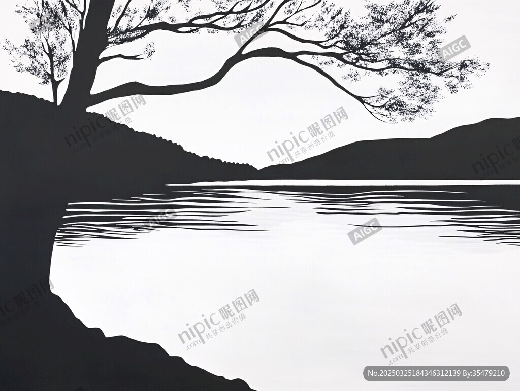 湖畔孤树剪影 宁静景致