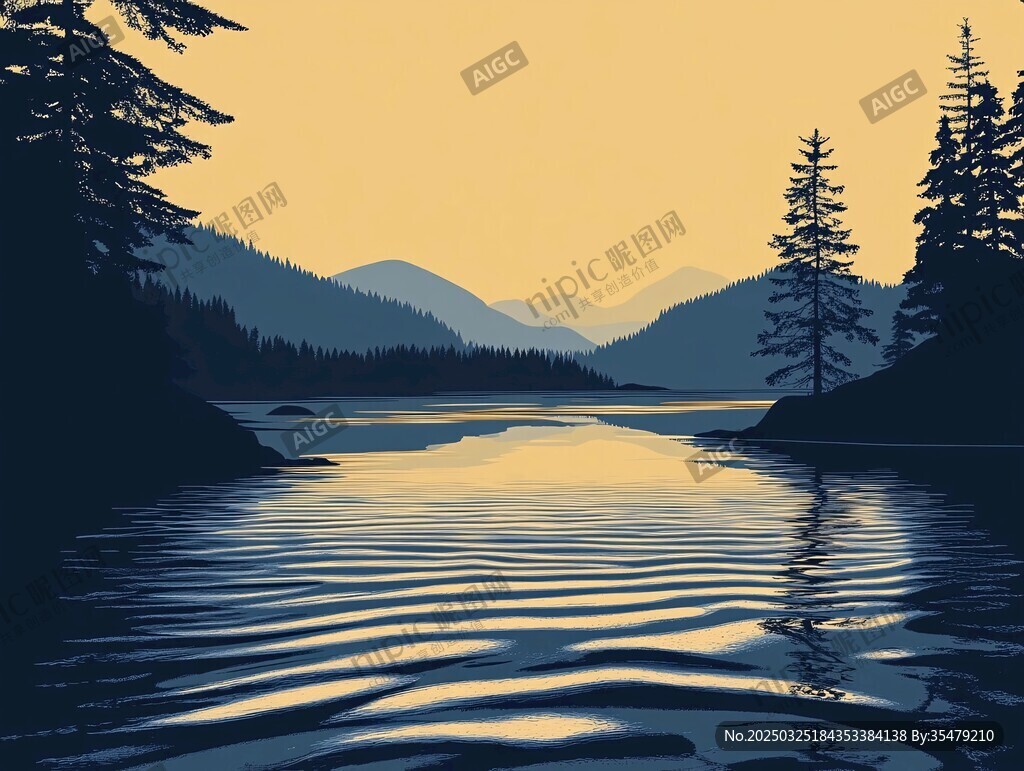 黄昏湖畔山林静谧美景