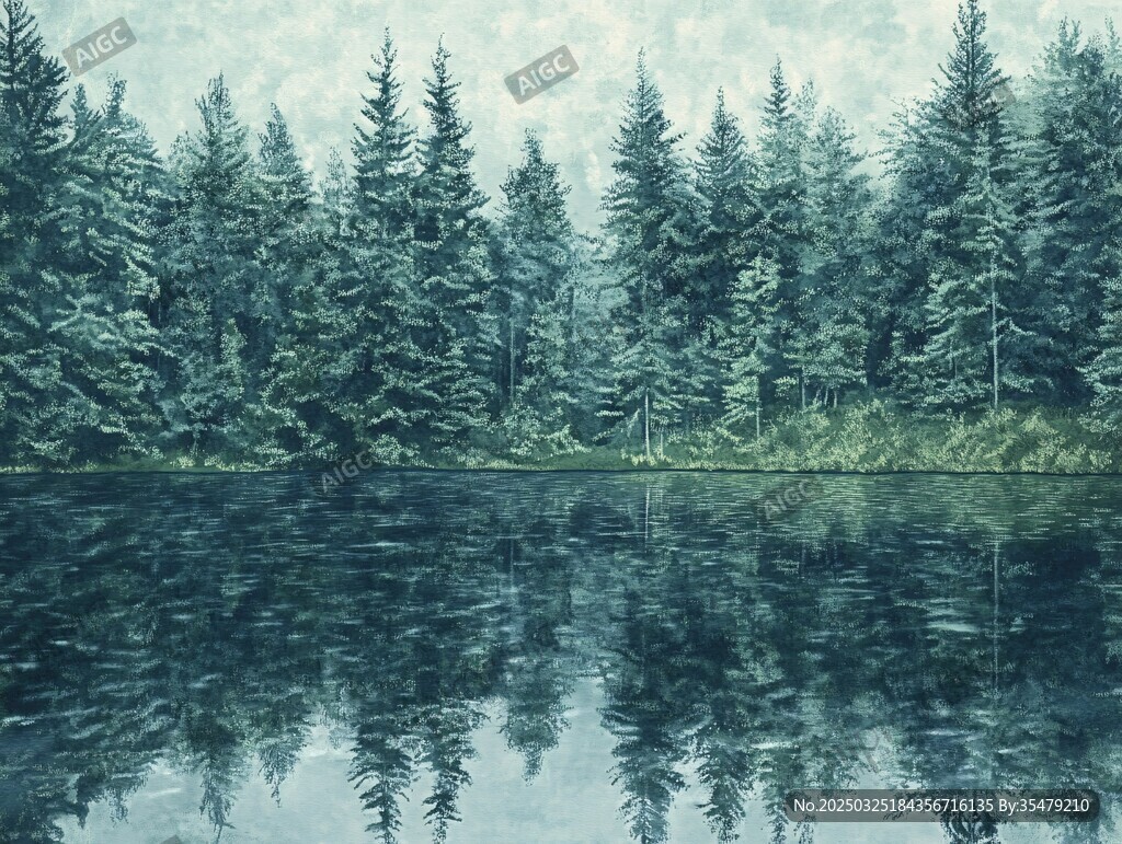 宁静湖畔的茂密森林景观
