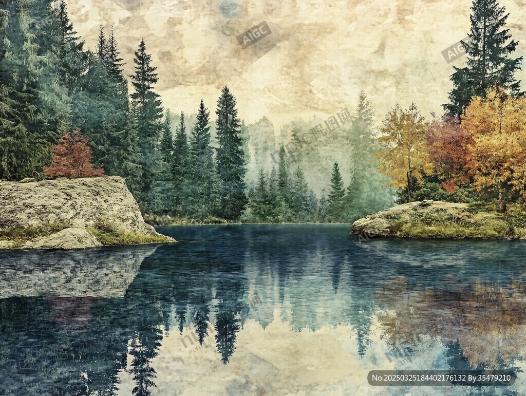 秋日静谧森林湖泊美景