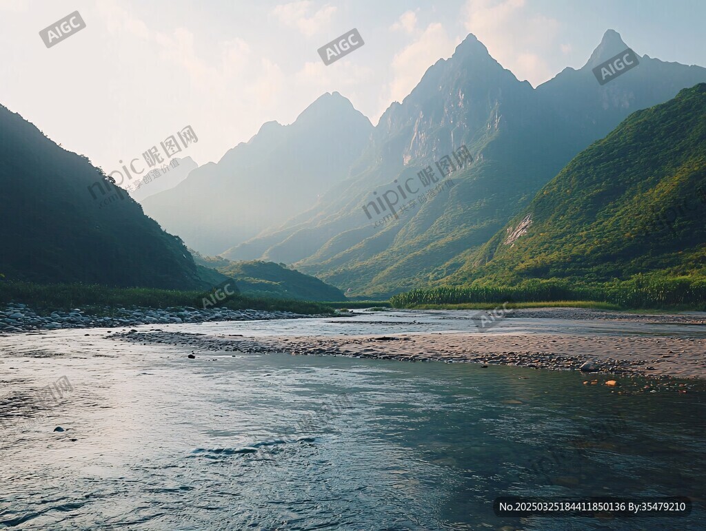 山间河流晨曦美景