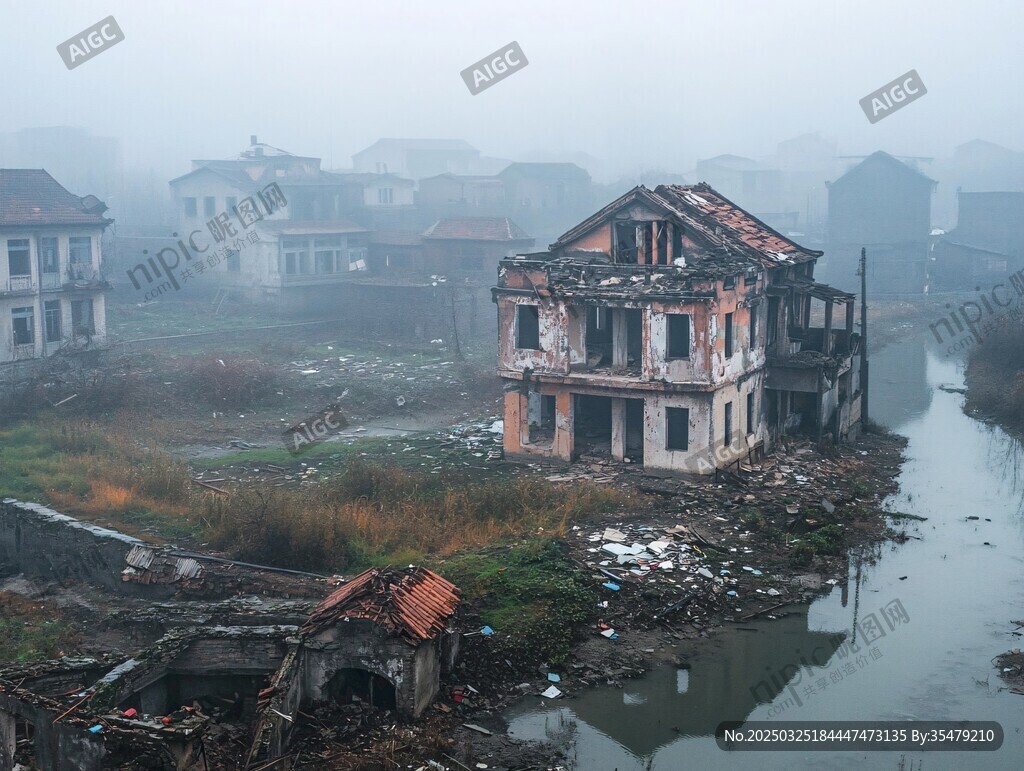 雾中破败村落景象