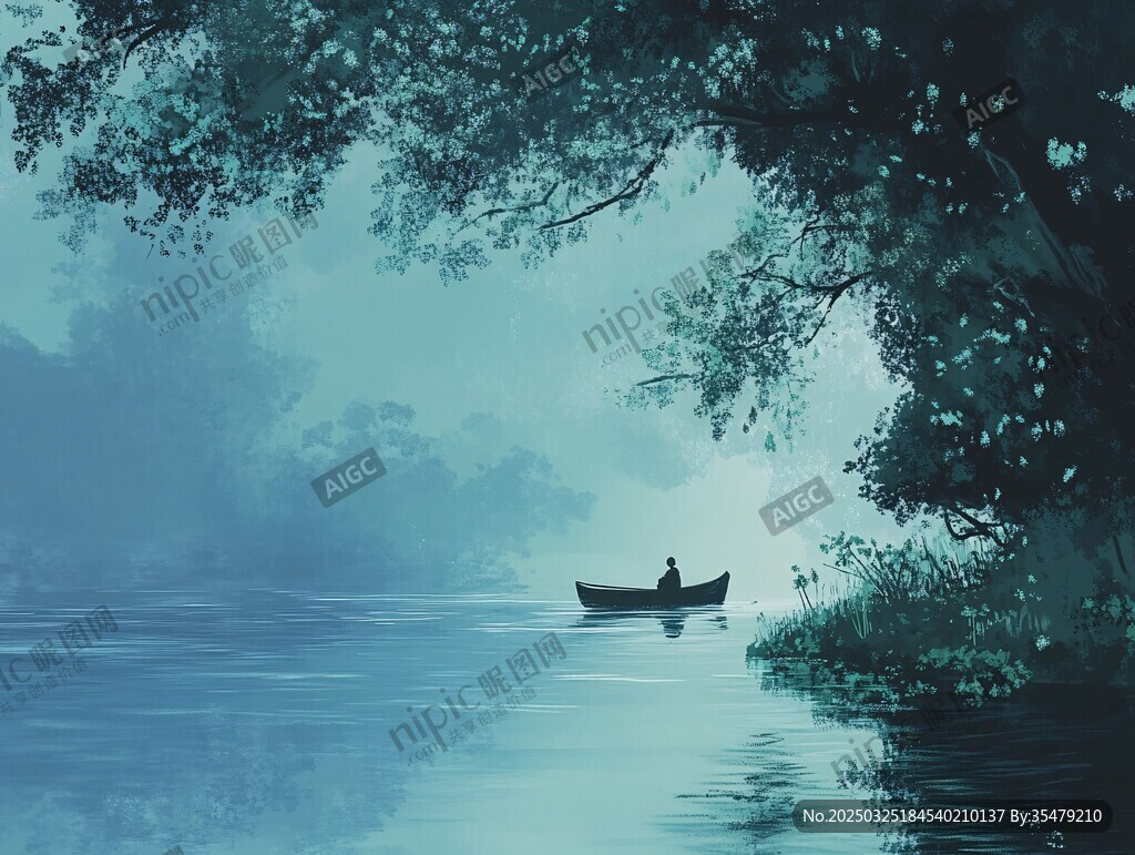 湖畔孤舟独钓静谧之景