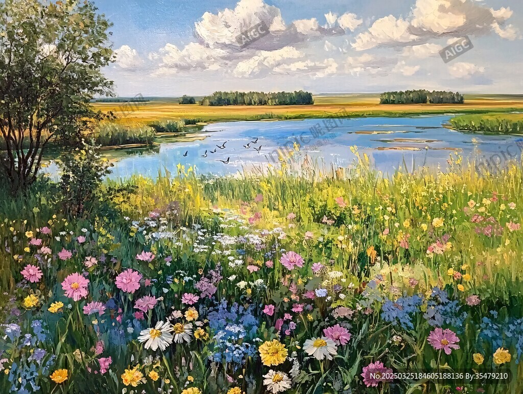 夏日湖畔花海田园美景