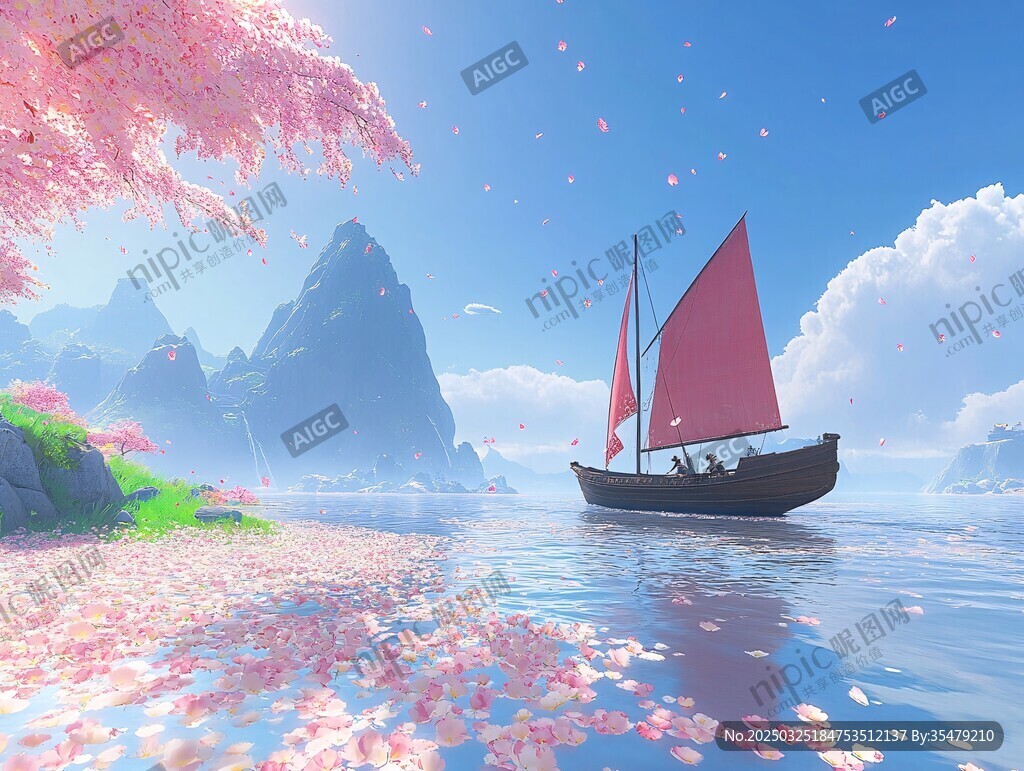 春日湖景帆船樱花梦幻图