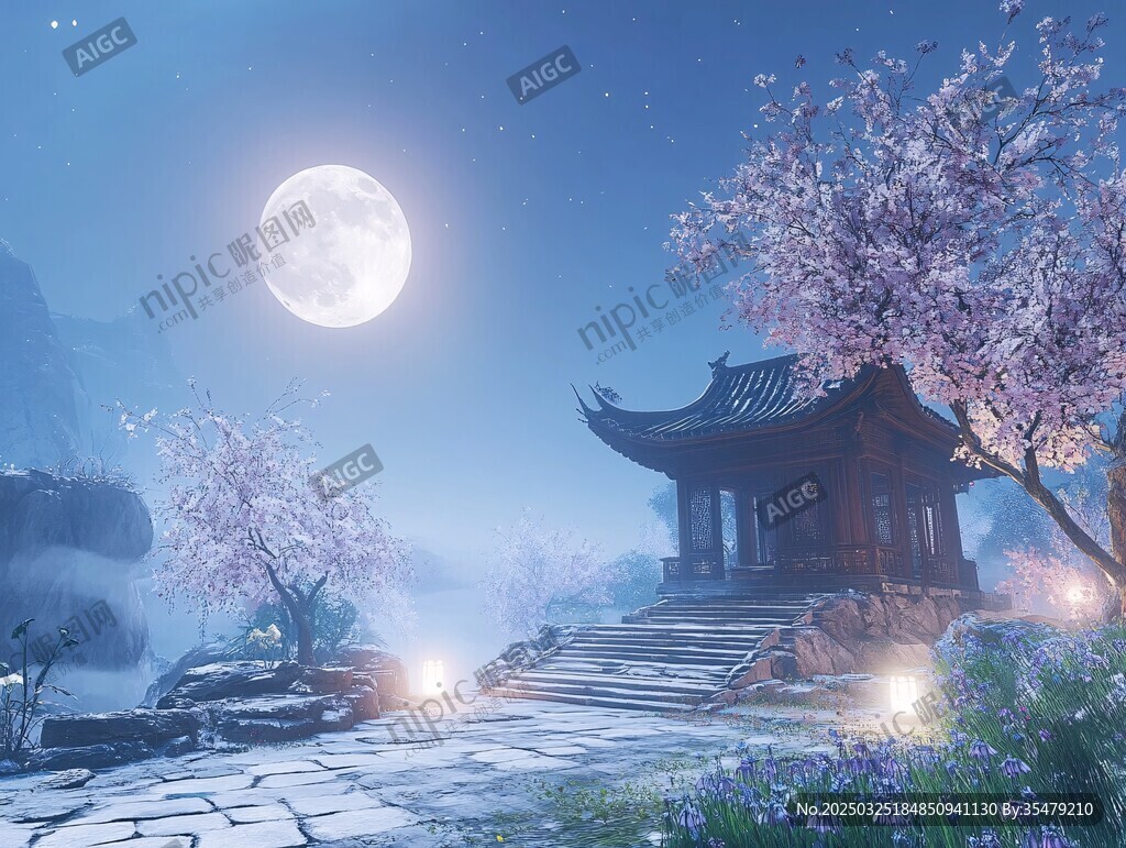 月夜古亭下的烂漫春景