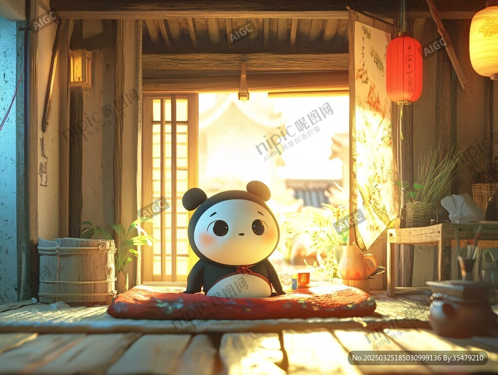 熊猫静坐日式温馨小屋内