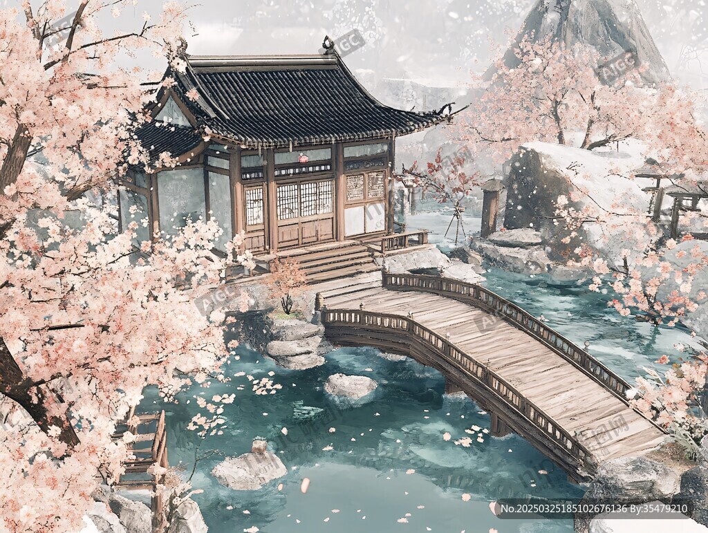 古风雪景中的雅致中式庭院