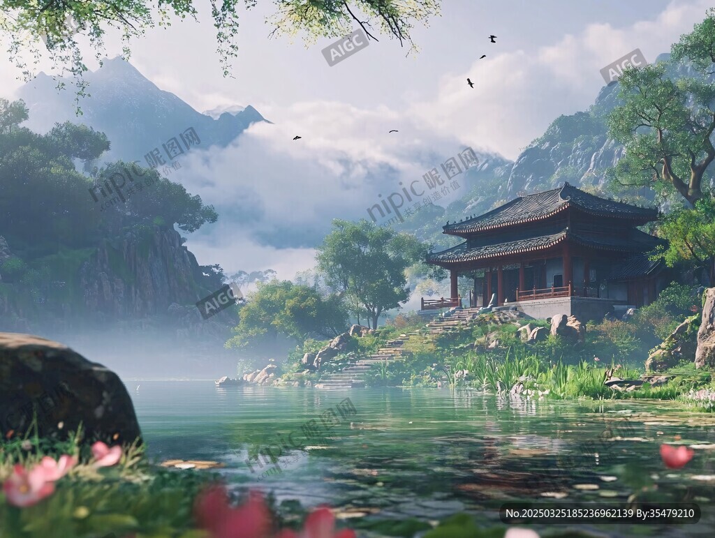 山水间的古典中式亭阁
