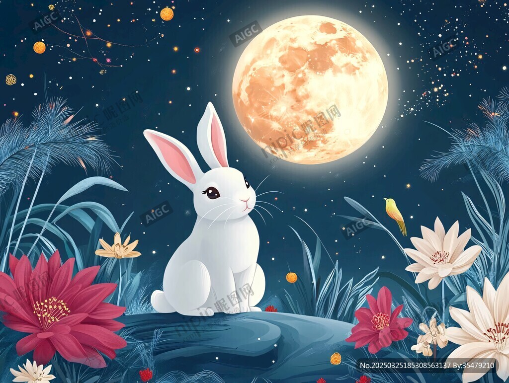 月夜白兔赏繁花