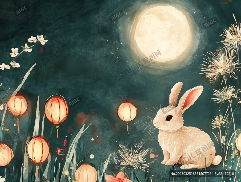 月夜萌兔伴花灯与繁花