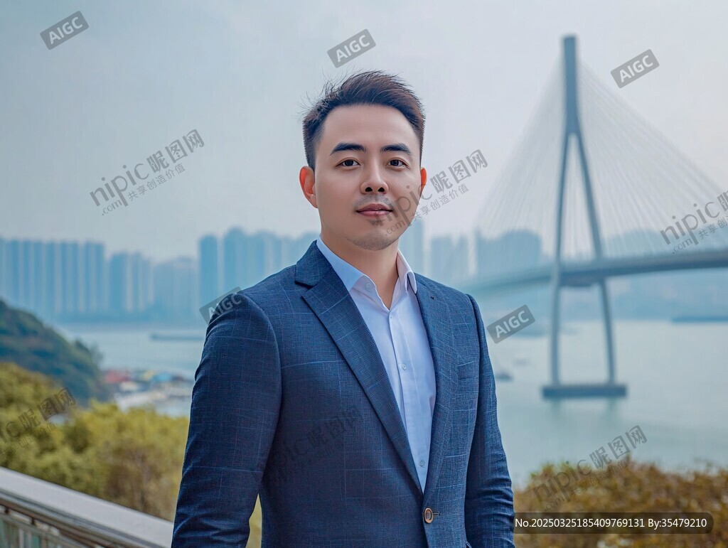 商务男士于桥梁前的风采