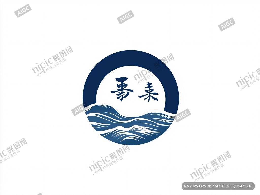 蓝白海浪中式圆形标识