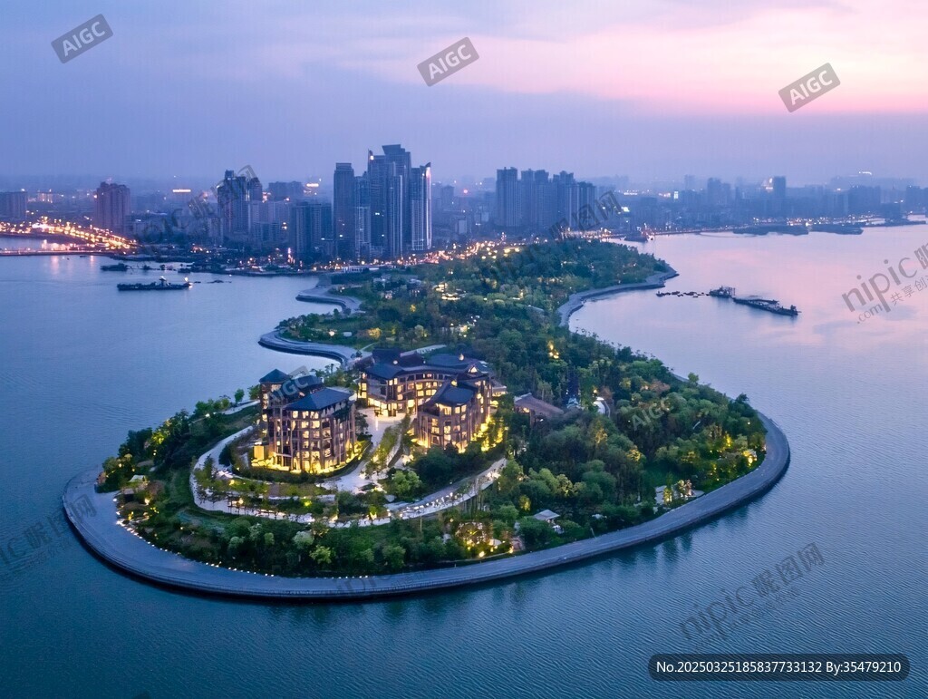 湖畔岛屿夜景城市风光