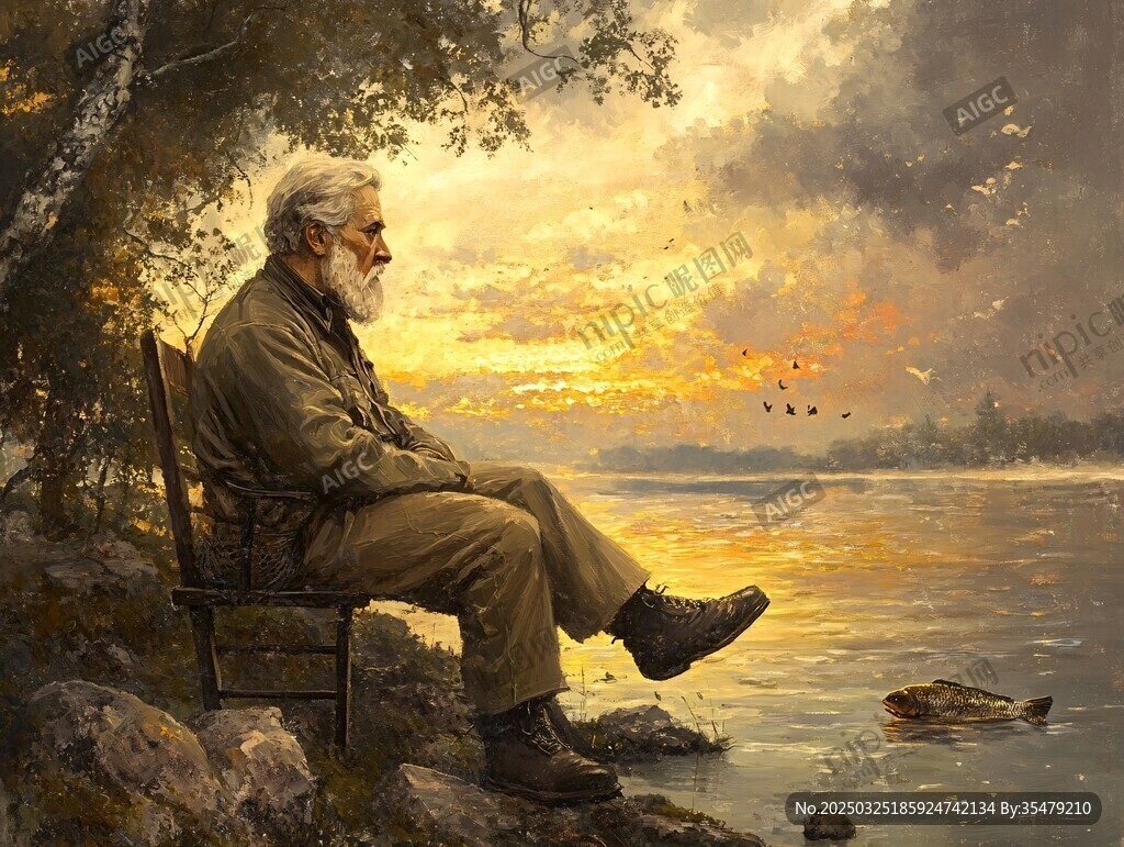 老人静赏湖畔黄昏美景