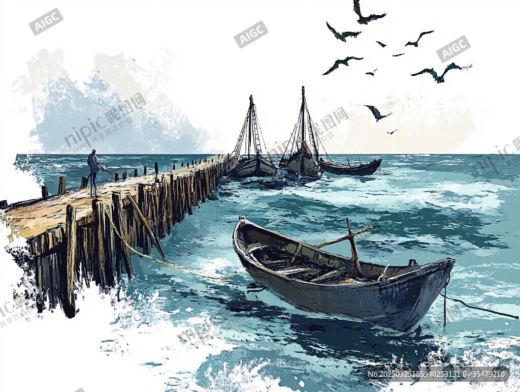 海边码头渔船与飞翔海鸟