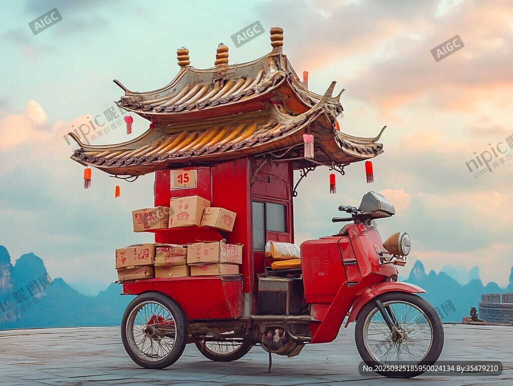 中式古风三轮货车运送货物