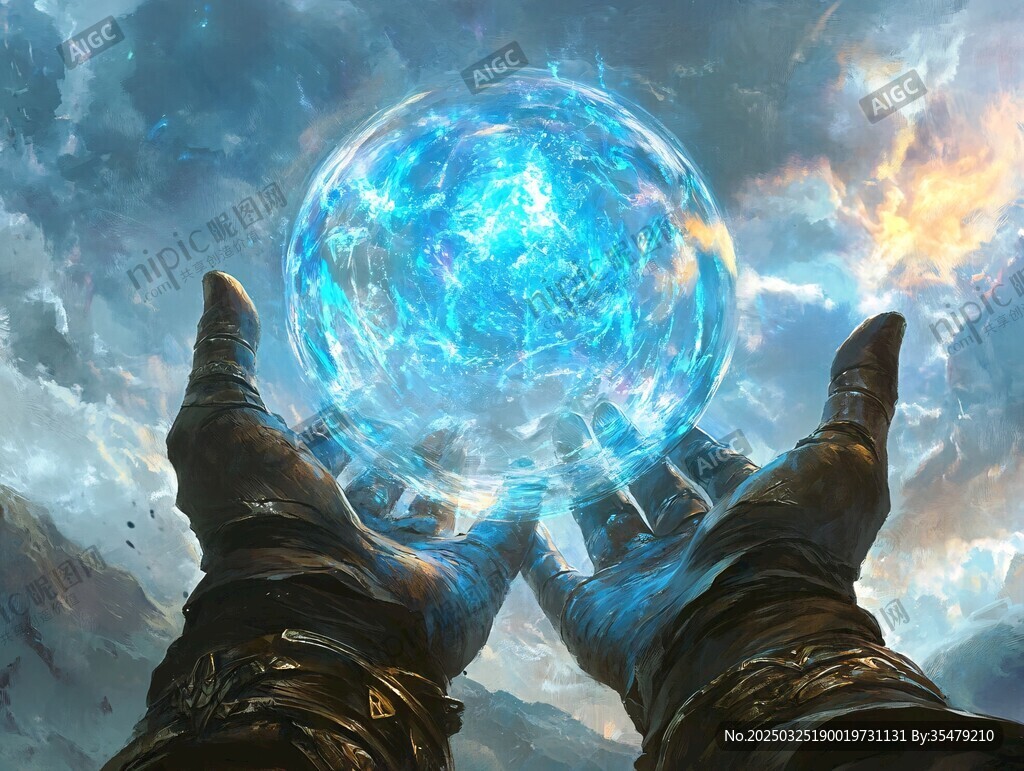 双手托举神秘蓝色能量球