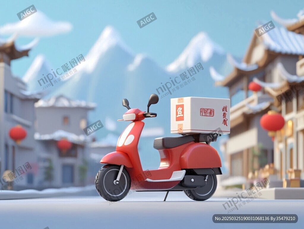 中式街道的红色快递摩托车