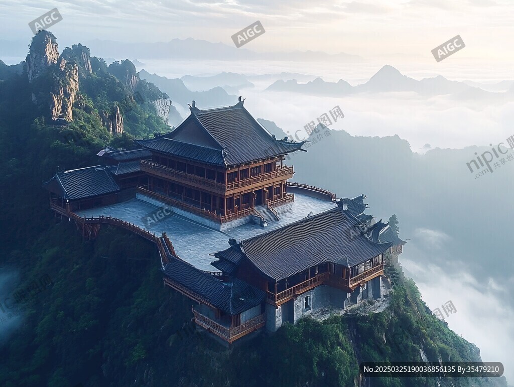 山顶古建 云雾缭绕之景