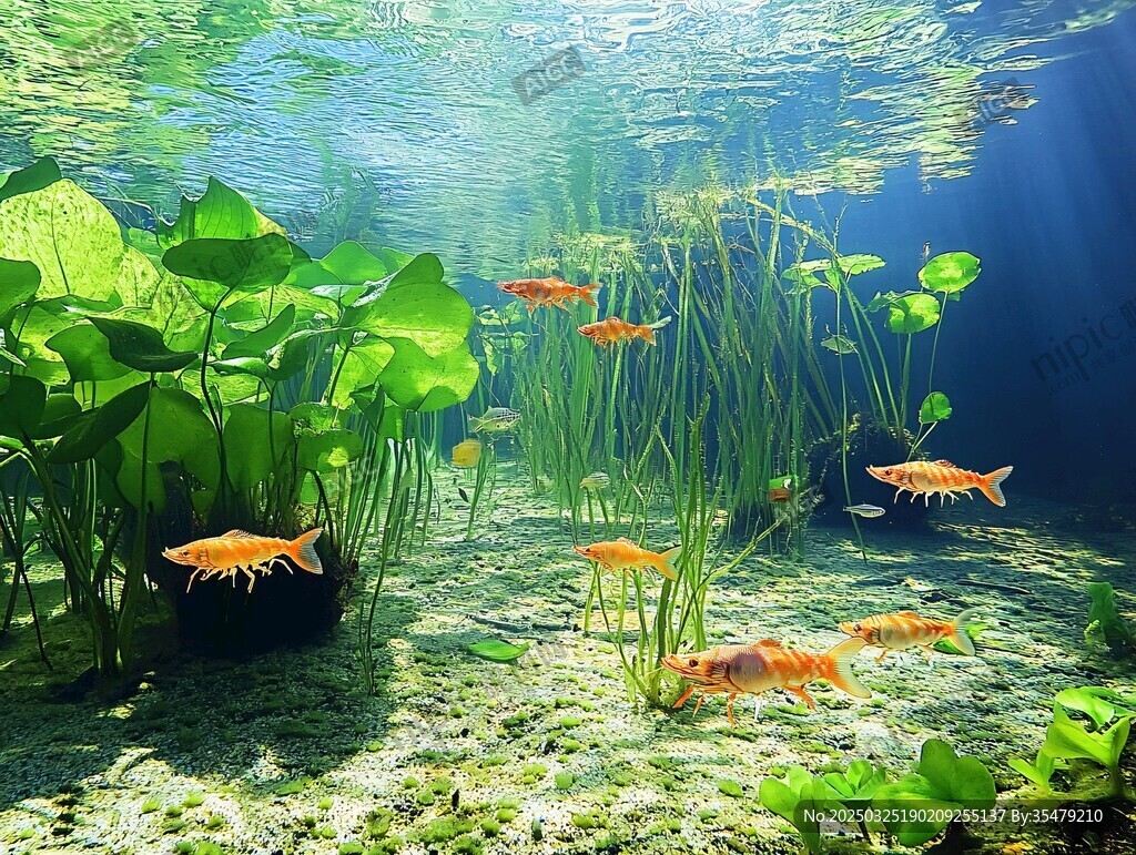 水下金鱼与绿植的梦幻世界