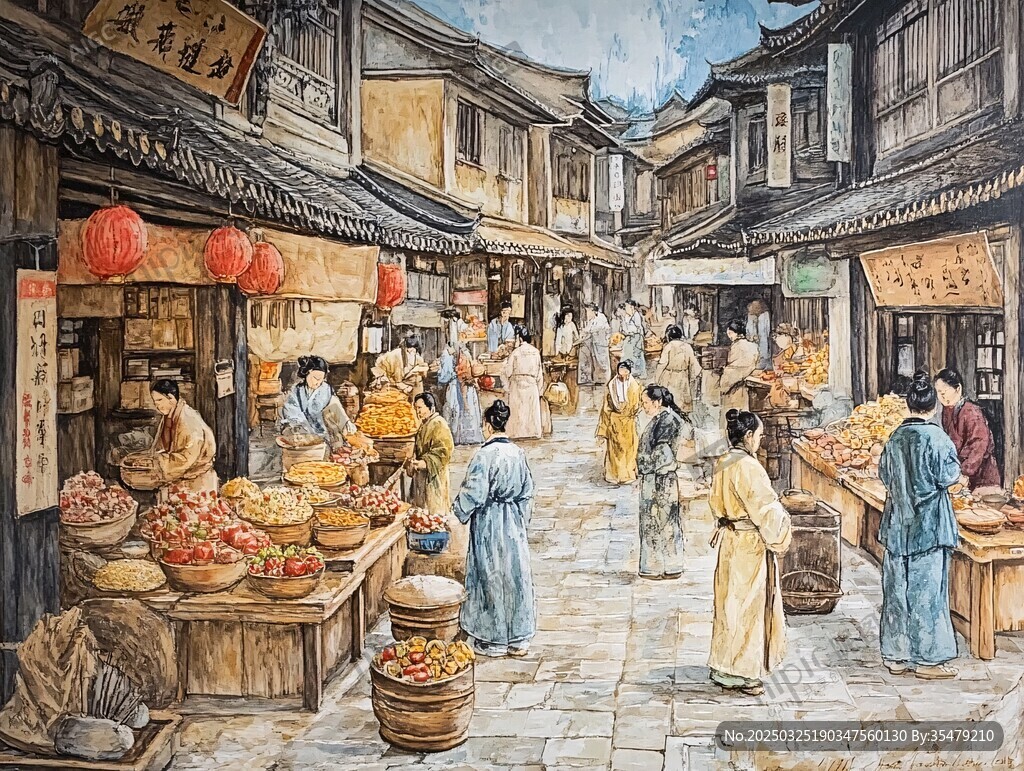 古代集市热闹生活场景