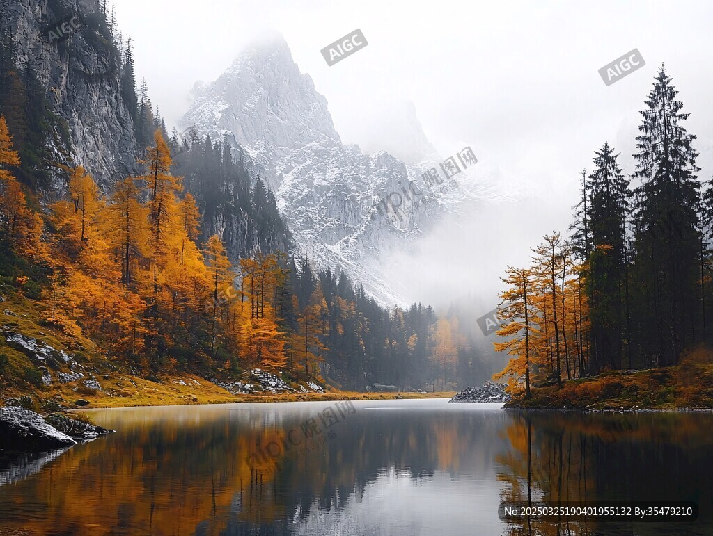 秋雾中的山水森林美景