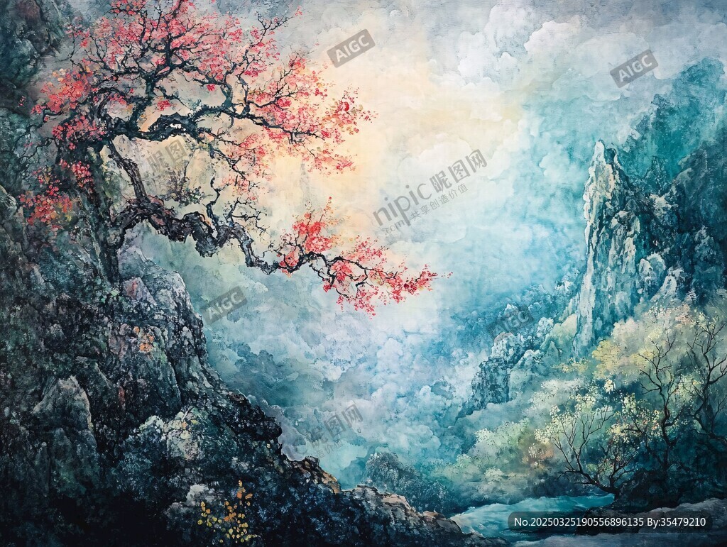 山间红梅绽 水墨绘春景