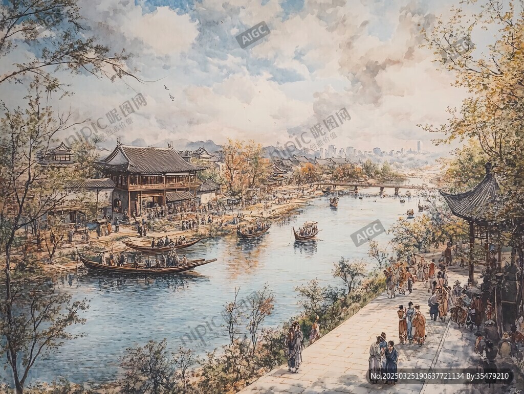 古风河畔市井繁华景象