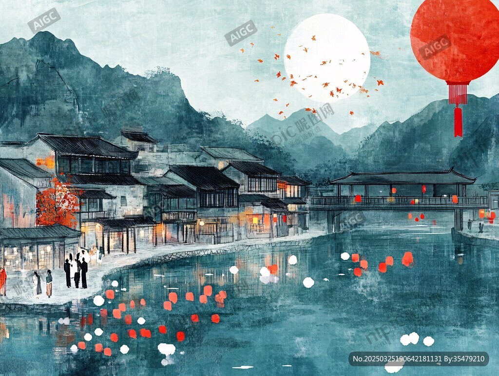 水墨江南月夜水乡美景