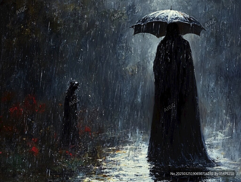 雨中撑伞的神秘身影