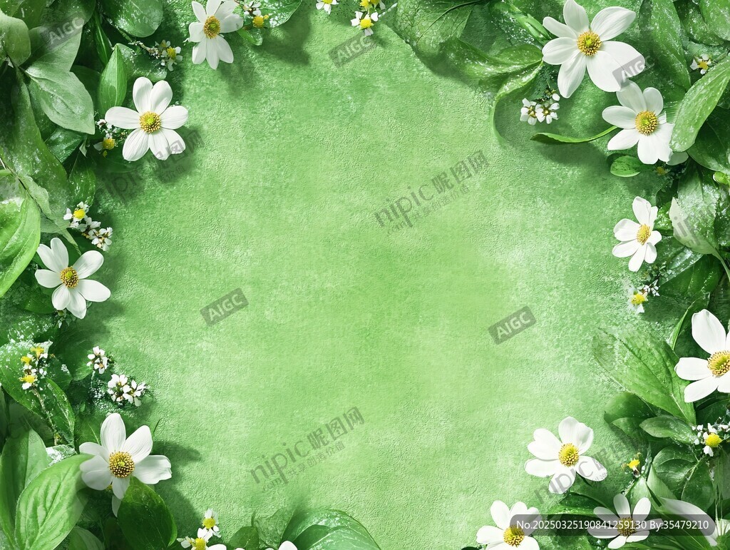 绿叶白花环绕的清新背景