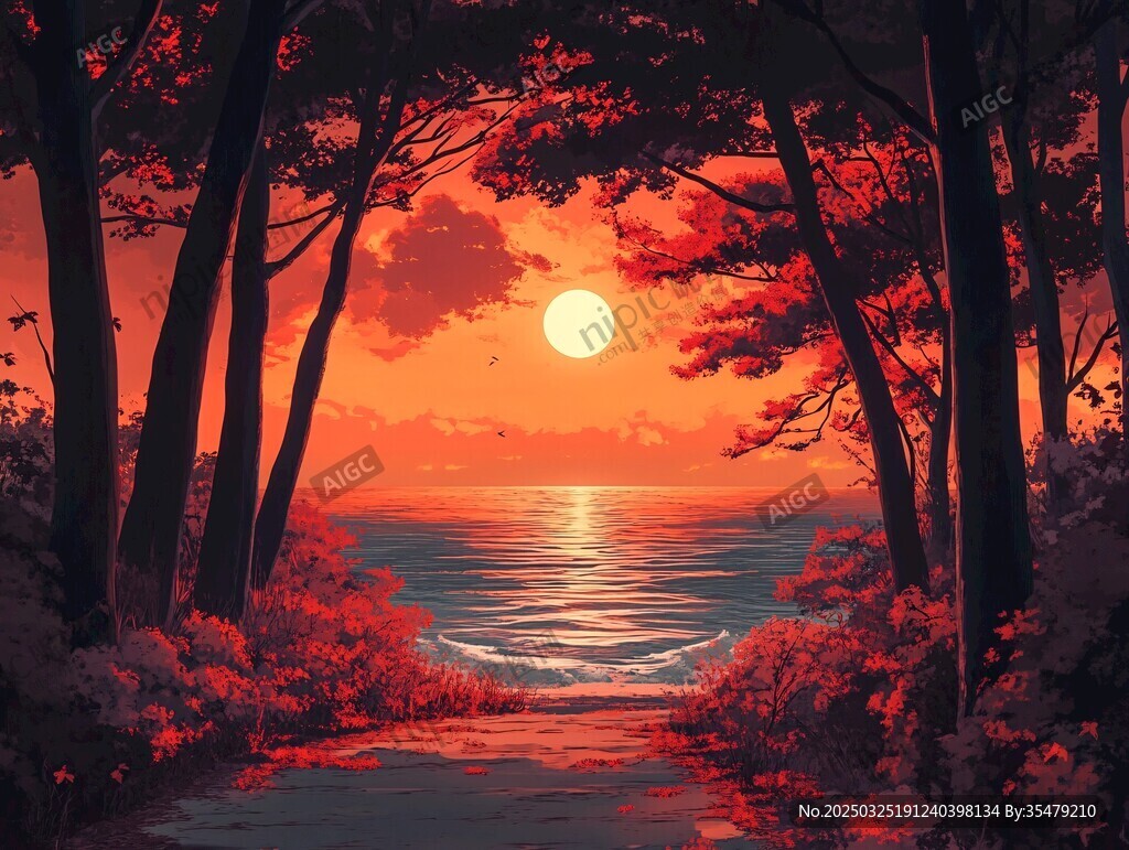林间日落海景梦幻风光