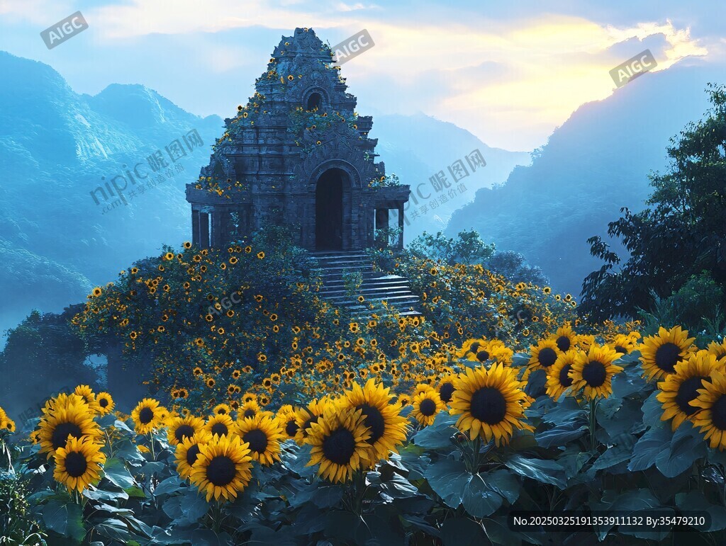 山间古寺旁的向日葵花海