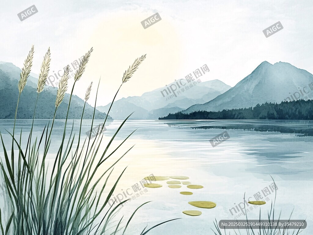 湖畔晨景 水草与远山