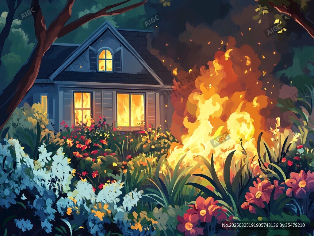 花园中起火的温馨小屋