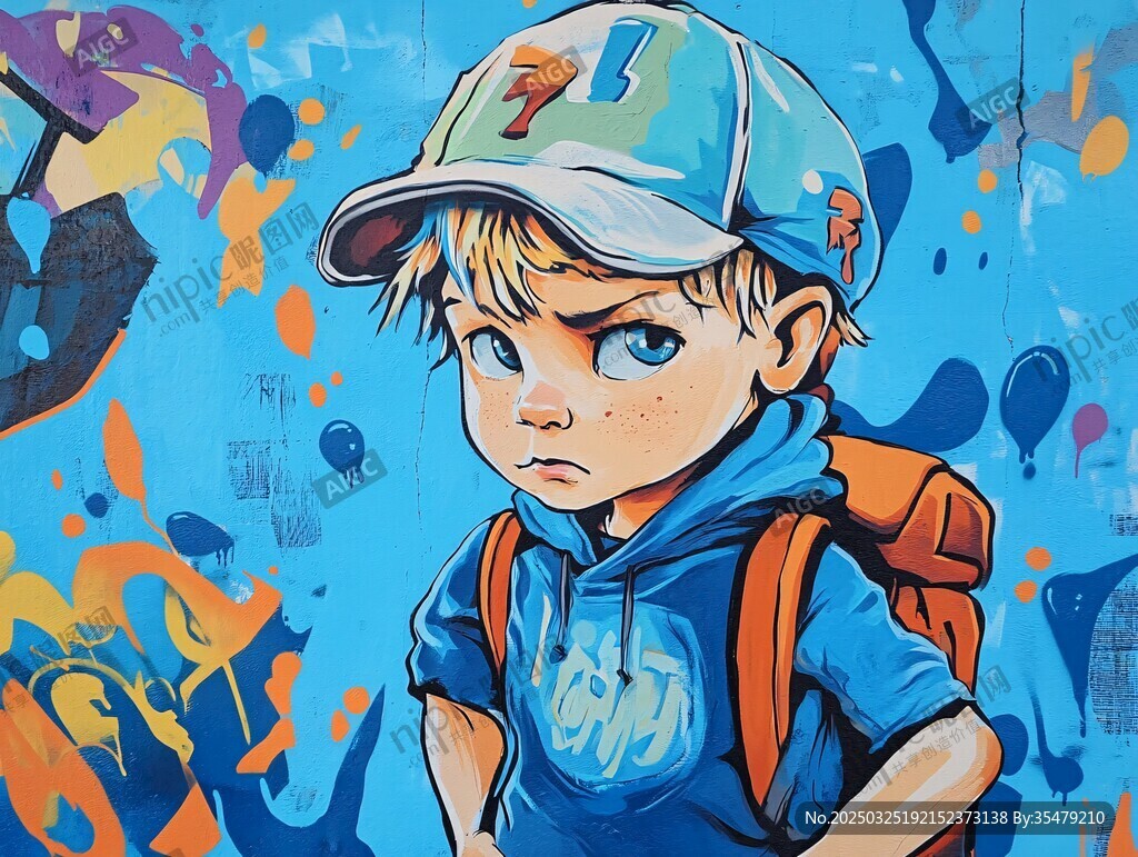 背着书包的酷帅涂鸦少年