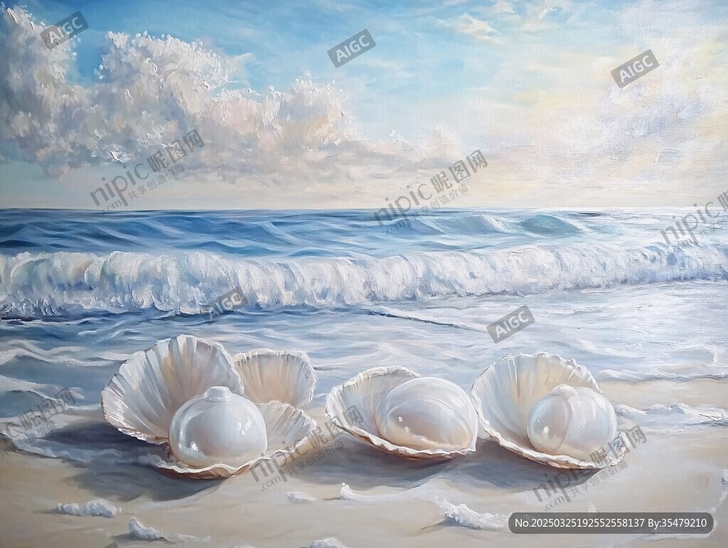 海滩上的贝壳与海浪美景